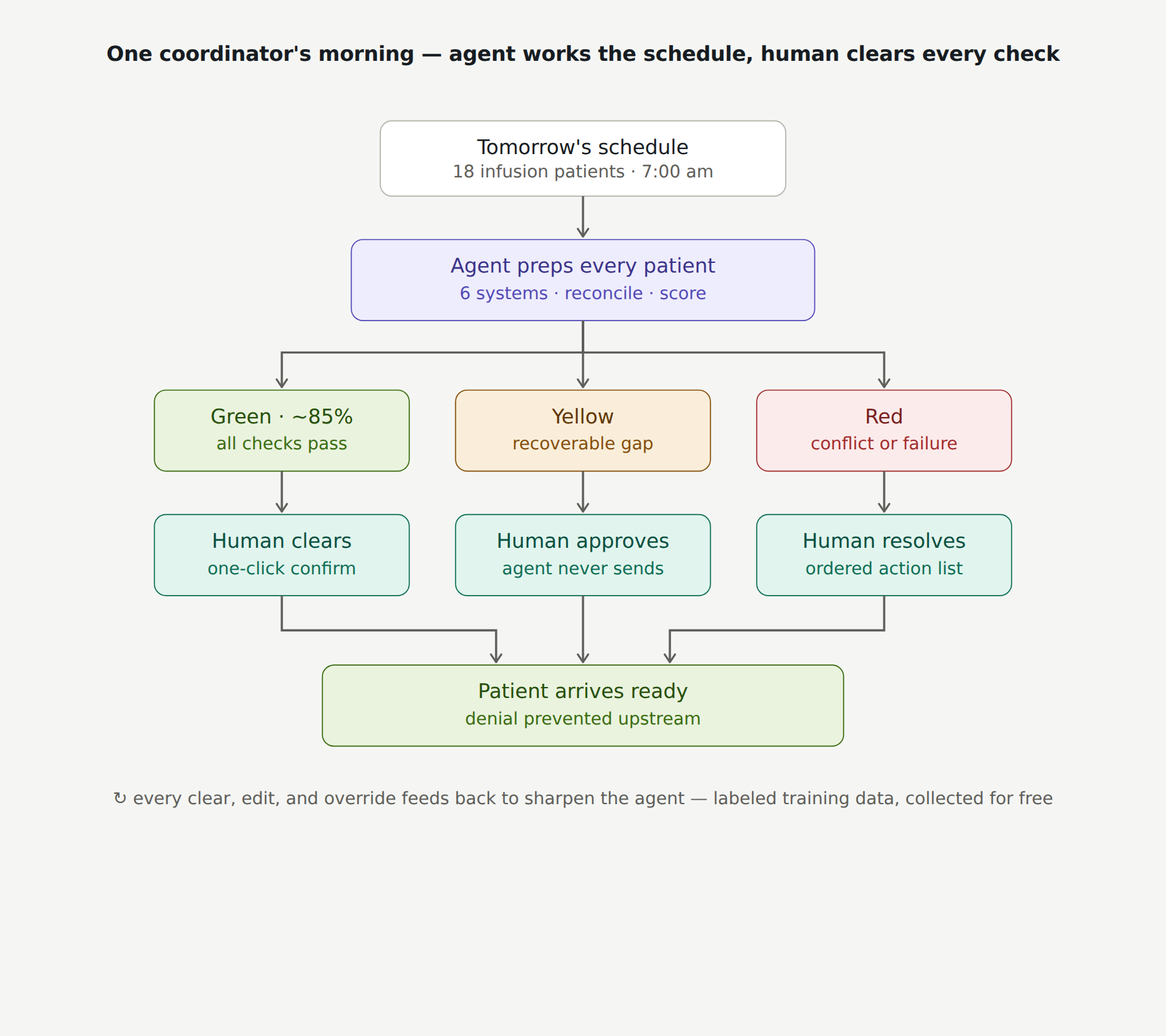 Coordinator morning flow — agent works the schedule, human clears every check